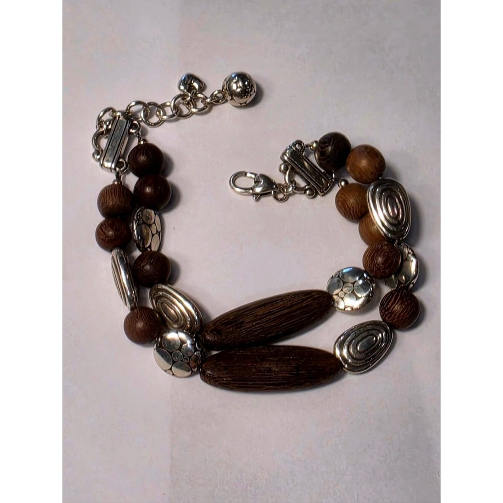 Brighton‎ Bohemian Double Strand Wood Silver Beaded Adjustable Bracelet Brown